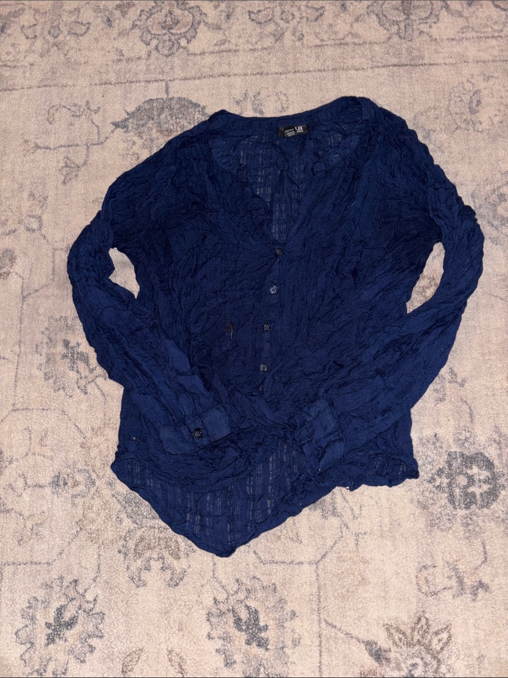 a.n.a Navy Crinkle Button-Front Women's Blouse